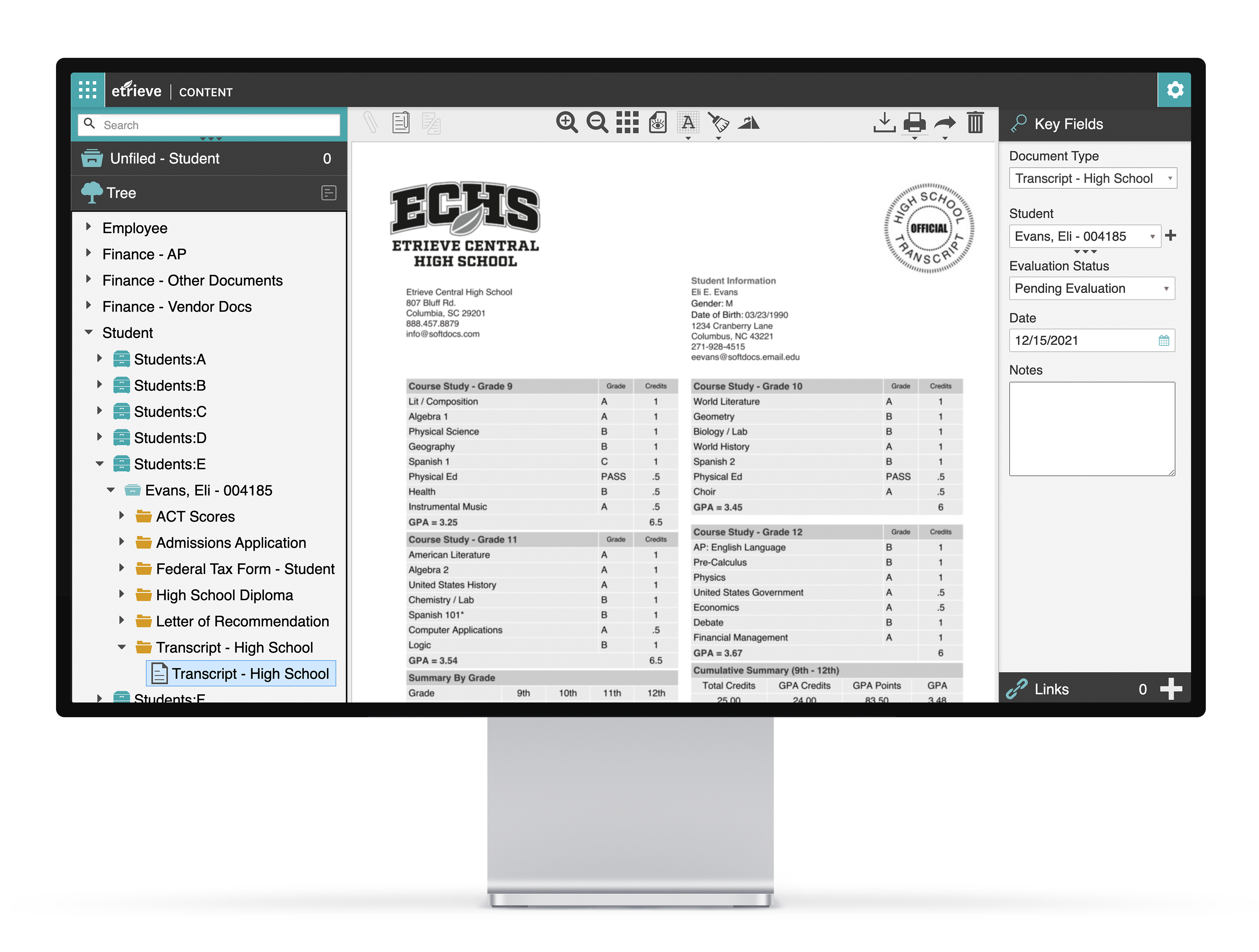 Softdocs document management platform highlighting student transcript on computer monitor