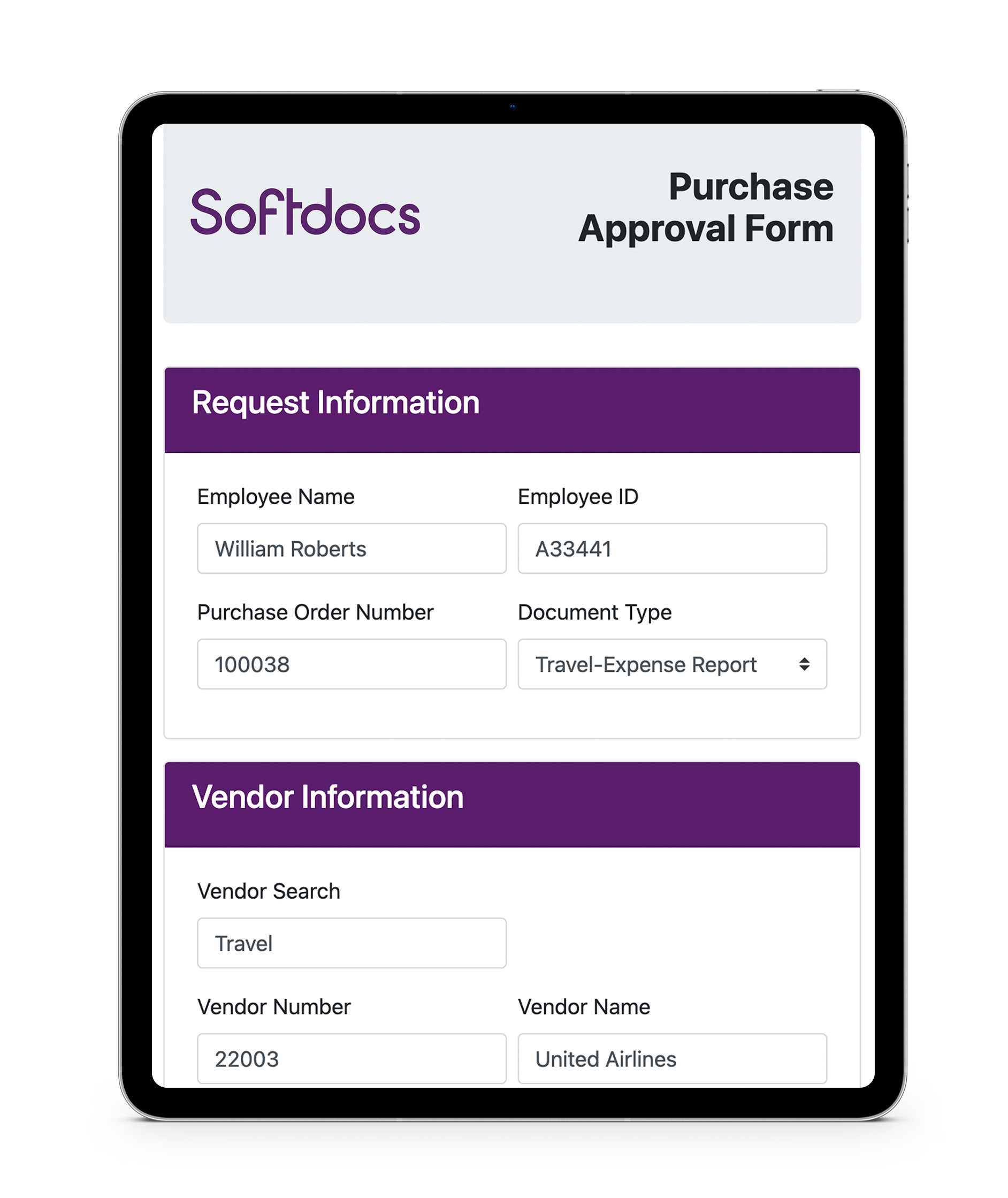 Softdocs eforms purchase approval form on ipad mobile device