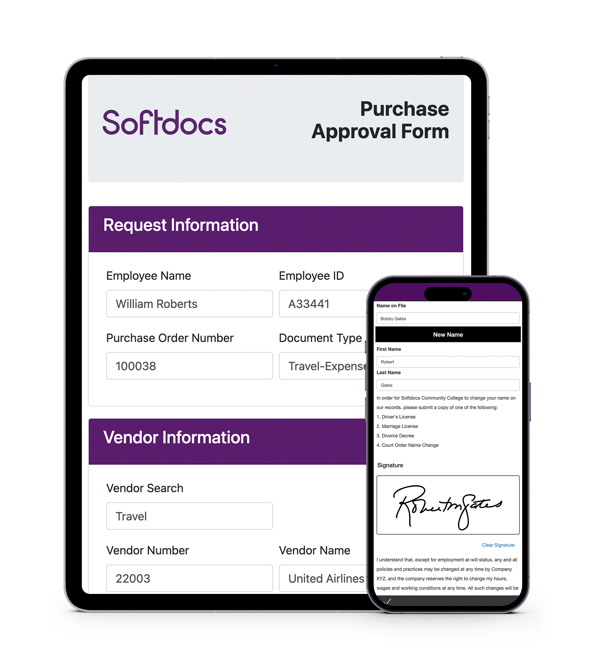 Softdocs eforms and esignatures examples on mobile devices ipad and iphone